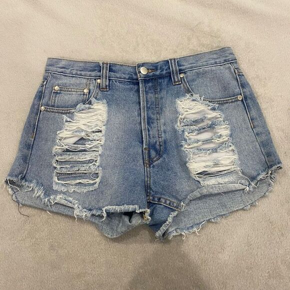 Minkpink High Waisted Distressed Denim Shorts Size Large - Picture 1 of 7